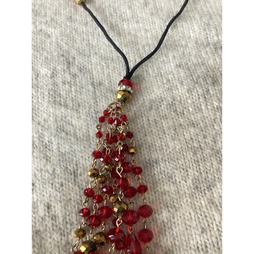 Dramatic Red Crystal Tassel Necklace Long Black Cord AB Rhinestone Dark Romantic